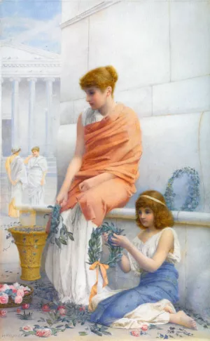 A Woman and Child Making Wreaths by James Smetham Oil Painting