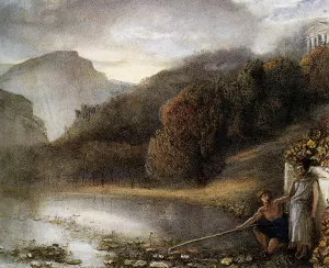 Classical Figures by a River with a Temple Beyond