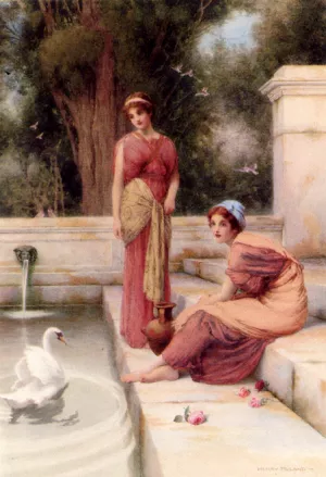 Two Classical Maidens and a Swan by James Smetham - Oil Painting Reproduction