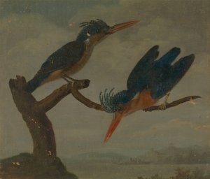 Two Kingfishers beside a Lake. by James Sowerby Oil Painting