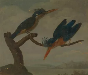 Two Kingfishers beside a Lake. by James Sowerby Oil Painting