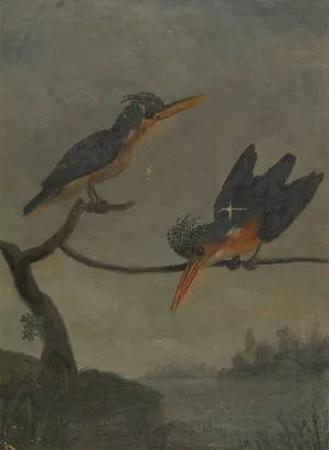 Two Kingfishers beside a Lake by James Sowerby Oil Painting
