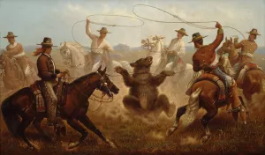 Cowboys Roping a Bear by James Walker Oil Painting