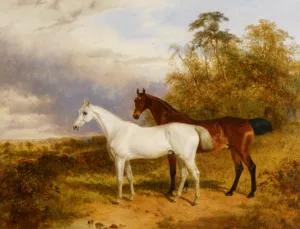 A Bay and Grey Horse in a Landscape by James Walsham Baldock Oil Painting