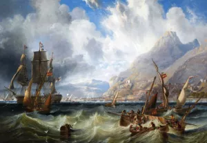 H.M.S. Asia Passing through Local Small Craft Off Gibraltar painting by James Wilson Carmichael
