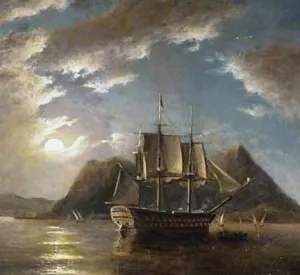 H.M.S. Minden 74, Off Gibraltar, Moonlight by James Wilson Carmichael Oil Painting
