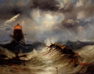 The Irwin Lighthouse, Storm Raging by James Wilson Carmichael - Oil Painting Reproduction