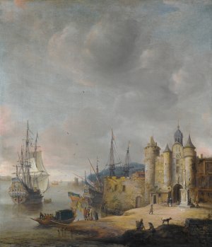 A Harbour Scene With A Man-Of-War And Other Shipping, Figures Conversing On The Shore by Jan Abrahamsz Beerstraaten Oil Painting