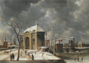 Amsterdam, A View Of The Heiligewegspoort From The North-West, With Skaters On A Frozen Canal by Jan Abrahamsz Beerstraaten Oil Painting
