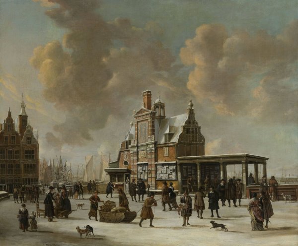 The Paalhuis and the Nieuwe Brug, Amsterdam, in the Winter  by Jan Abrahamsz Beerstraaten - Hand-Painted Oil Painting Reproduction
