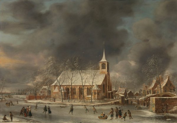 View of the Church of Sloten in the Winter  by Jan Abrahamsz Beerstraaten - Hand-Painted Oil Painting Reproduction
