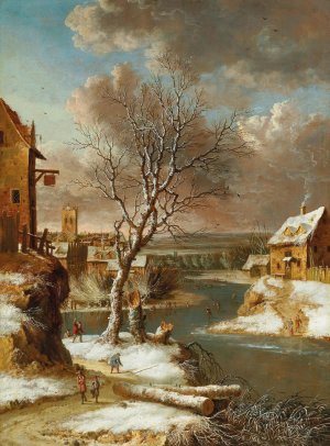 Winter landscape with skaters on a frozen river by Jan Abrahamsz Beerstraaten Oil Painting