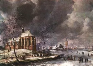 Village of Nieukoop in Winter with Child Funeral by Jan Abrahamsz. Beerstraten - Oil Painting Reproduction