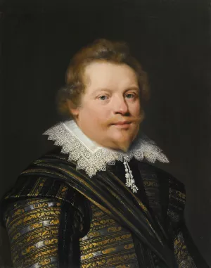 Portrait Of A Gentleman Wearing A Black And Gold Embroidered Doublet And A White Ruff by Jan Anthonisz Van Ravesteyn Oil Painting