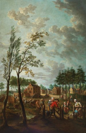 A village scene with peasants in the foreground by Jan Anton Garemijn Oil Painting