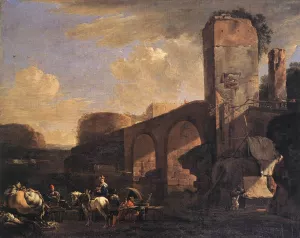 Italianate Landscape with a River and an Arched Bridge by Jan Asselijn Oil Painting