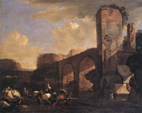 Main Product Photo of Italianate Landscape with a River and an Arched Bridge Painting by Jan Asselijn