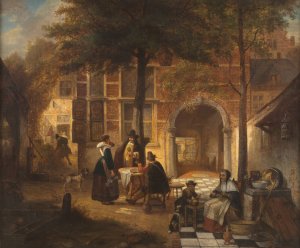 Antwerp society in summer courtyard by Jan August Hendrik Leys Oil Painting