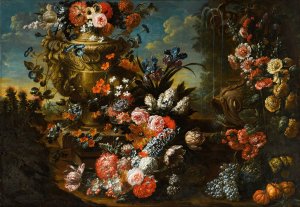 A stone urn on steps decorated with flowers and fruit beside a dolphin-headed fountain in an extensive landscape by Jan Baptist Bosschaert Oil Painting