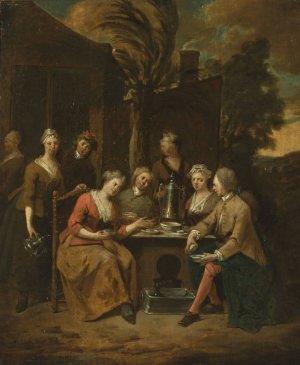 Company at the table by Jan Baptist Lambrechts Oil Painting