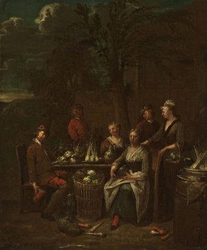 Scene by a stand with vegetables by Jan Baptist Lambrechts Oil Painting