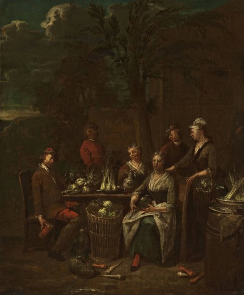 Scene by a stand with vegetables by Jan Baptist Lambrechts - Hand-Painted Oil Painting Reproduction