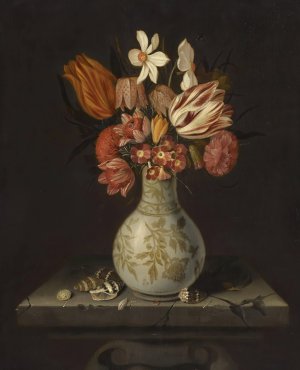 Still Life With Tulips, Crocuses, Primroses And Other Flowers In A Vase On A Stone Plinth With Shells by Jan Baptist Van Fornenburgh Oil Painting