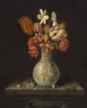 Still Life With Tulips, Crocuses, Primroses And Other Flowers In A Vase On A Stone Plinth With Shells Oil painting by Jan Baptist Van Fornenburgh