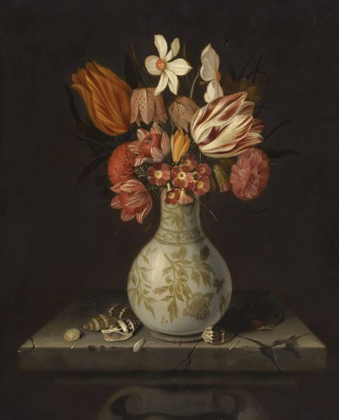 Still Life With Tulips, Crocuses, Primroses And Other Flowers In A Vase On A Stone Plinth With Shells by Jan Baptist Van Fornenburgh - Hand-Painted Oil Painting Reproduction