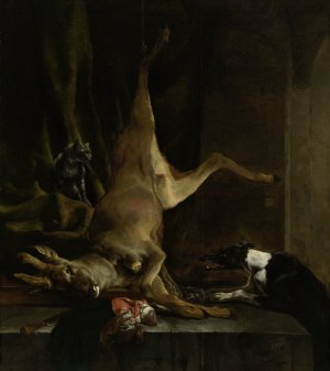 A Dog and a Cat near a partially disembowelled Deer by Jan Baptist Weenix Oil Painting