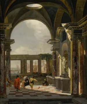Architectural interior with foreign shippers, ruins and a shipyard beyond Oil painting by Jan Baptist Weenix