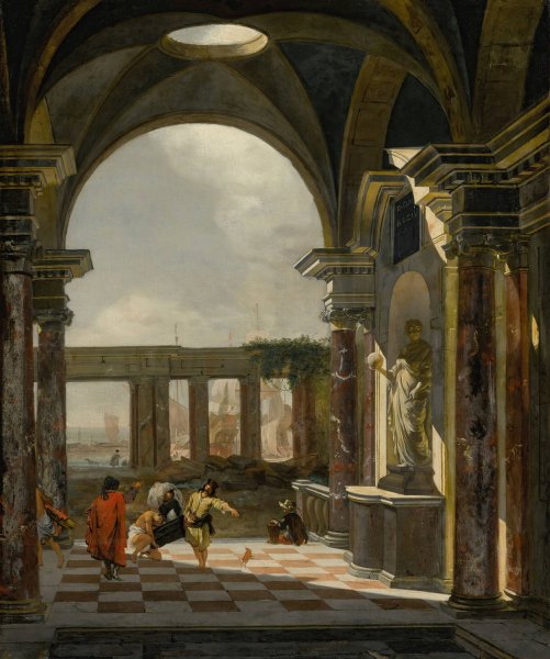 Main Product Photo of Architectural interior with foreign shippers, ruins and a shipyard beyond Painting by Jan Baptist Weenix