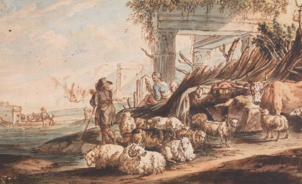Main Product Photo of Shepherd with a flock of sheep and a cow among ruins  Painting by Jan Baptist Weenix