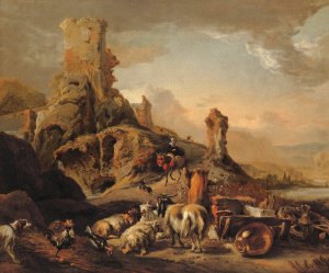 Shepherdess And Her Flock On A Path by Jan Baptist Weenix Oil Painting