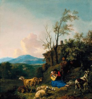 Shepherds and their flock in a vast landscape by Jan Baptist Wolfaerts Oil Painting
