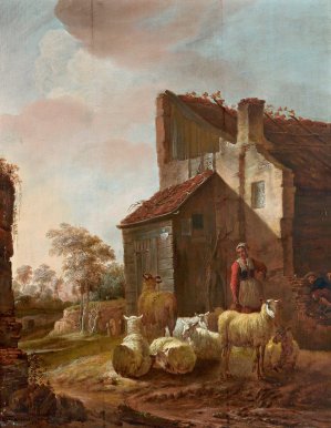 Woman with sheep at the ruins of the gatehouse of Brederode castle by Jan Baptist Wolfaerts Oil Painting