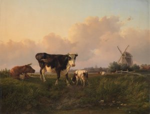 A flat landscape with cattle by Jan Bedijs Tom Oil Painting