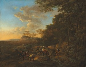 A wooded landscape with travellers crossing a ford by Jan Both Oil Painting
