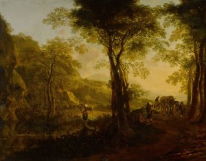 Italianate landscape at sunset, with travelers on a country road by Jan Both Oil Painting
