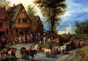 A Village Street with The Holy Family Arriving at an Inn by Jan Bruegel The Elder Oil Painting