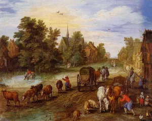 Busy Village Street with Resting Travellers by Jan Bruegel The Elder - Oil Painting Reproduction
