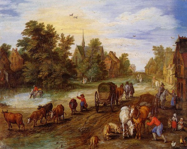 Busy Village Street with Resting Travellers by Jan Bruegel The Elder - Hand-Painted Oil Painting Reproduction