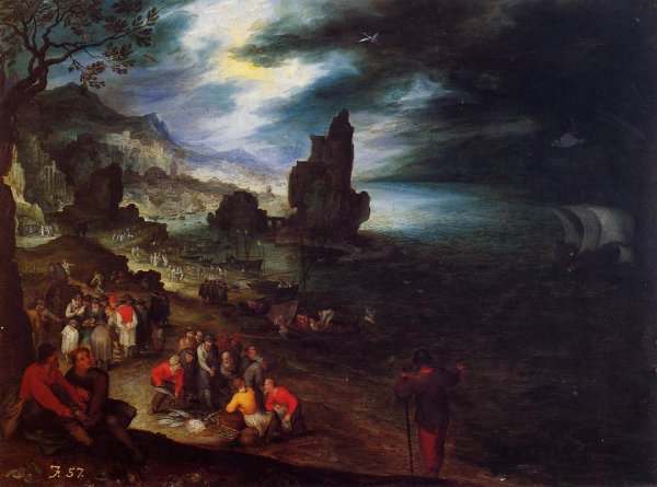 Coastal Landscape with the Sacrifice of Jonas by Jan Bruegel The Elder - Hand-Painted Oil Painting Reproduction