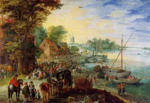 Fish Market on the Banks of the River by Jan Bruegel The Elder Oil Painting
