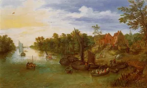 River Landscape with Landing by Jan Bruegel The Elder Oil Painting