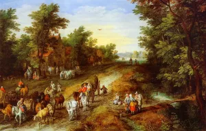 Rustic Landscape with Inn and Travellers by Jan Bruegel The Elder - Oil Painting Reproduction