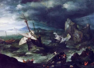 The Storm at Sea with Shipwreck painting by Jan Bruegel The Elder