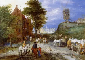 Village Entrance with Windmill by Jan Bruegel The Elder Oil Painting