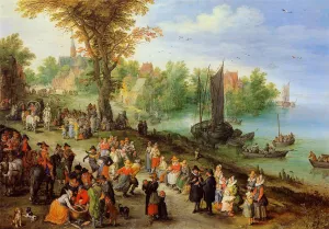 Village Landscape with Self Portrait by Jan Bruegel The Elder Oil Painting