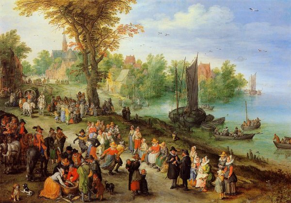 Village Landscape with Self Portrait by Jan Bruegel The Elder - Hand-Painted Oil Painting Reproduction